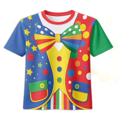 Red clown kids t-shirt with faux vest and rainbow bow tie, front view