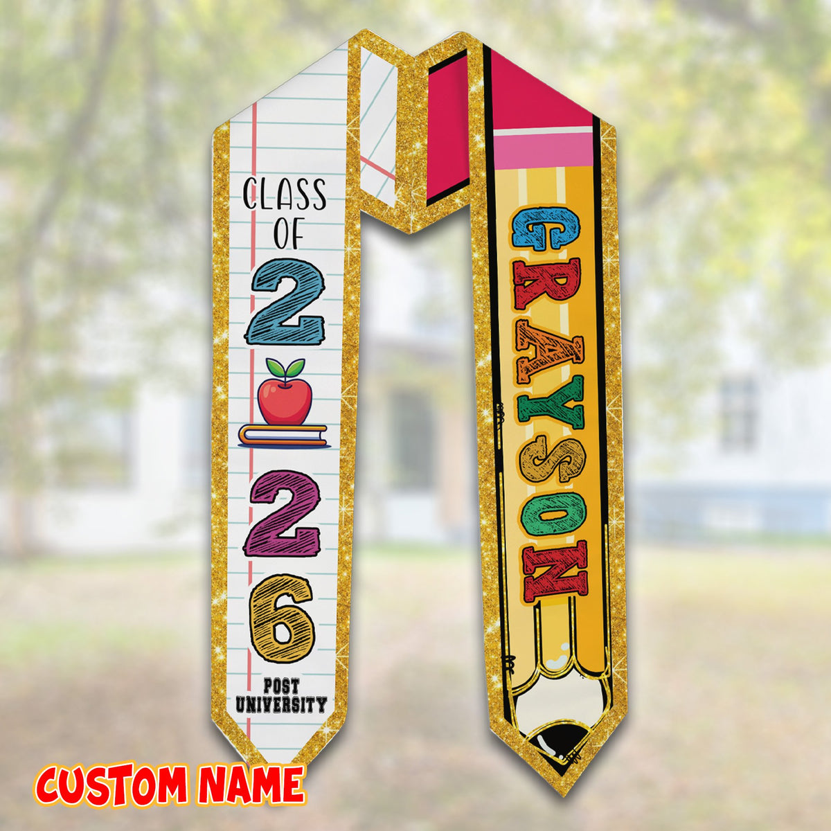 Close up of the graduation kids t-shirt showing the custom name