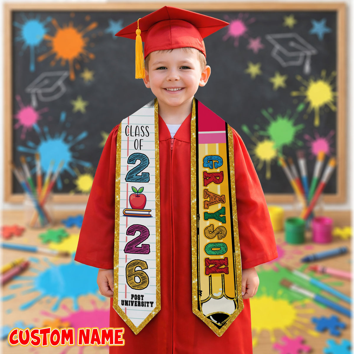 Kids t-shirt with name featuring a printed lined paper graduation motif, main view