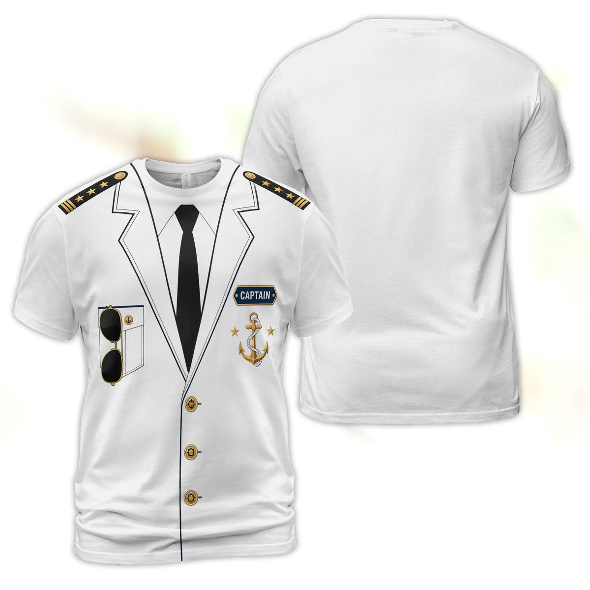 White nautical kids t-shirt featuring a printed ship captain uniform design, front view