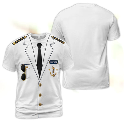 White nautical kids t-shirt featuring a printed ship captain uniform design, front view
