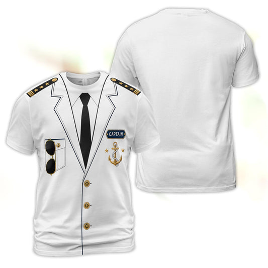 White nautical kids t-shirt featuring a printed ship captain uniform design, front view