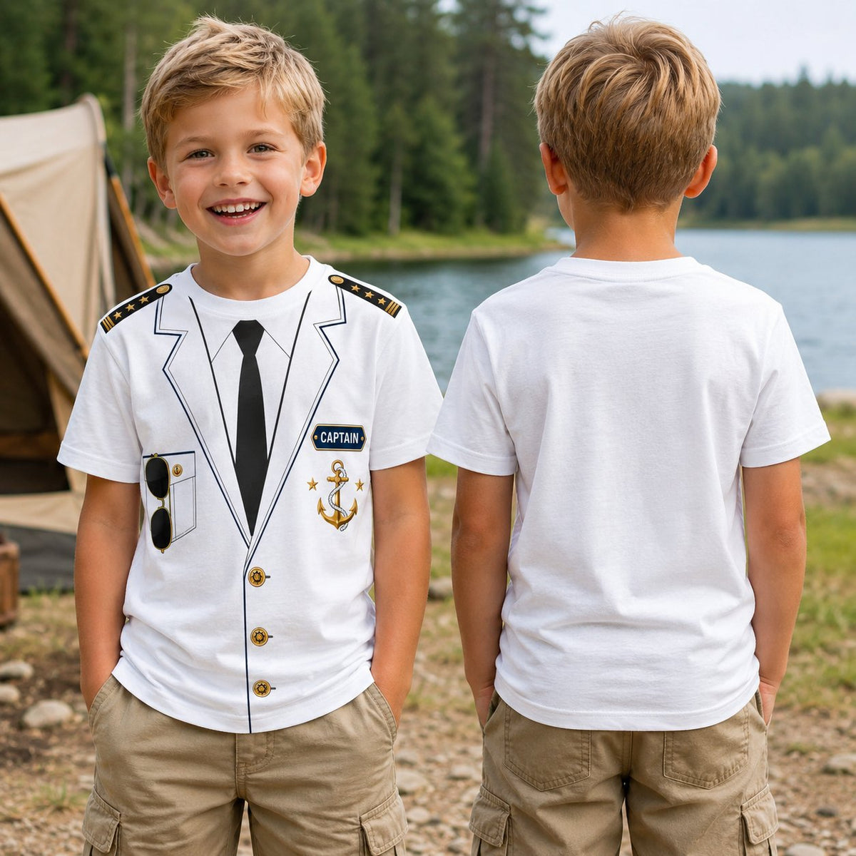 Lifestyle view of the white nautical kids t-shirt with ship captain design