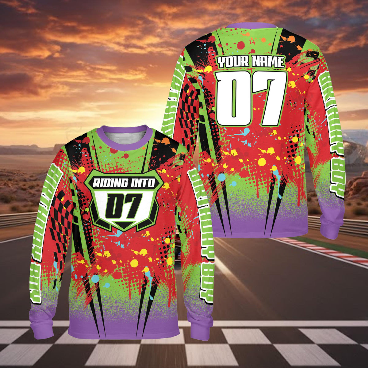 Multicolor racing kids t-shirt with paint splatter design and custom name, main view