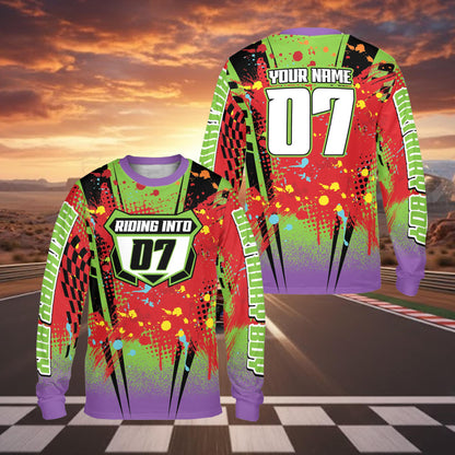 Front view of the personalized racing kids t-shirt with Riding Into birthday crest