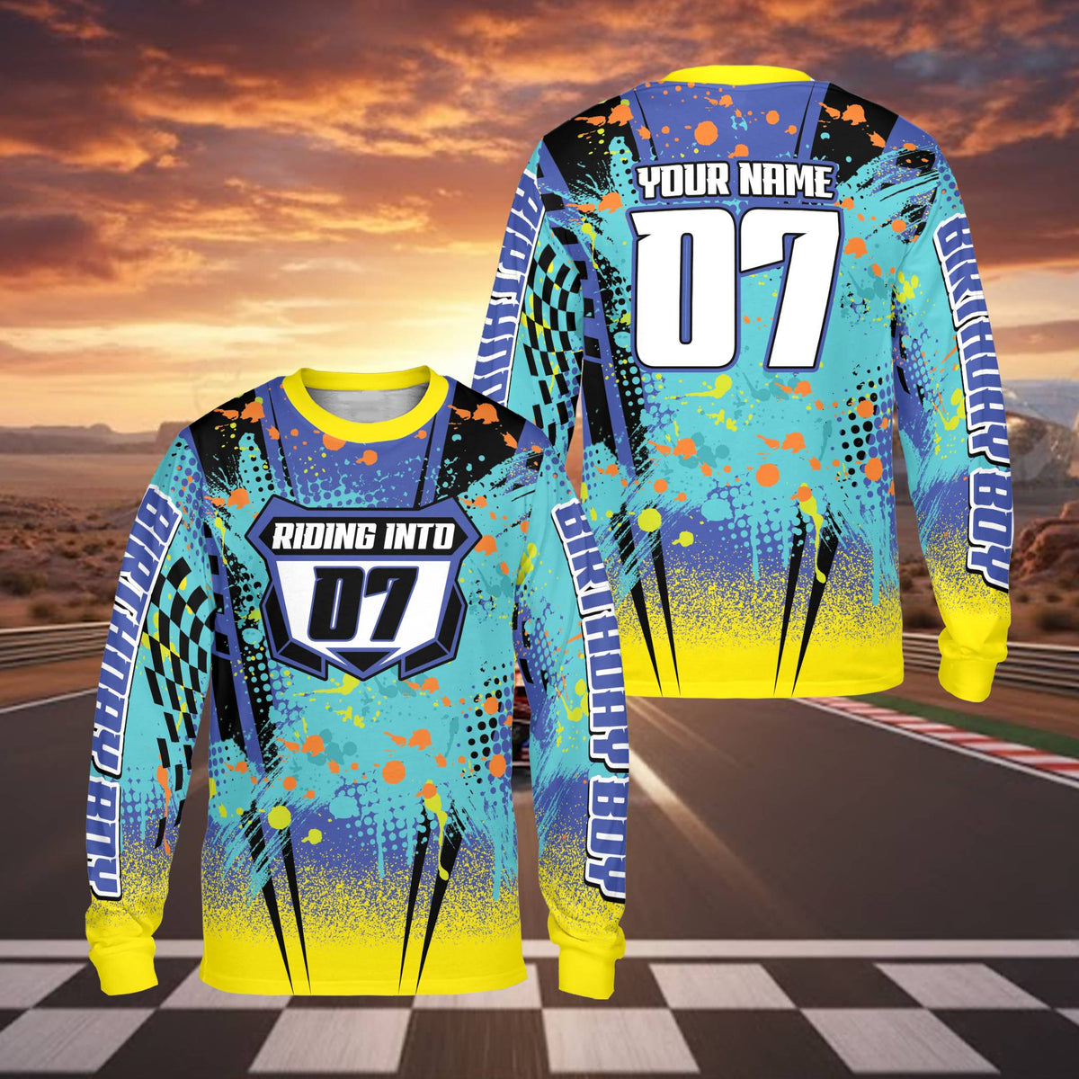 Detailed front view of the racing kids t-shirt design