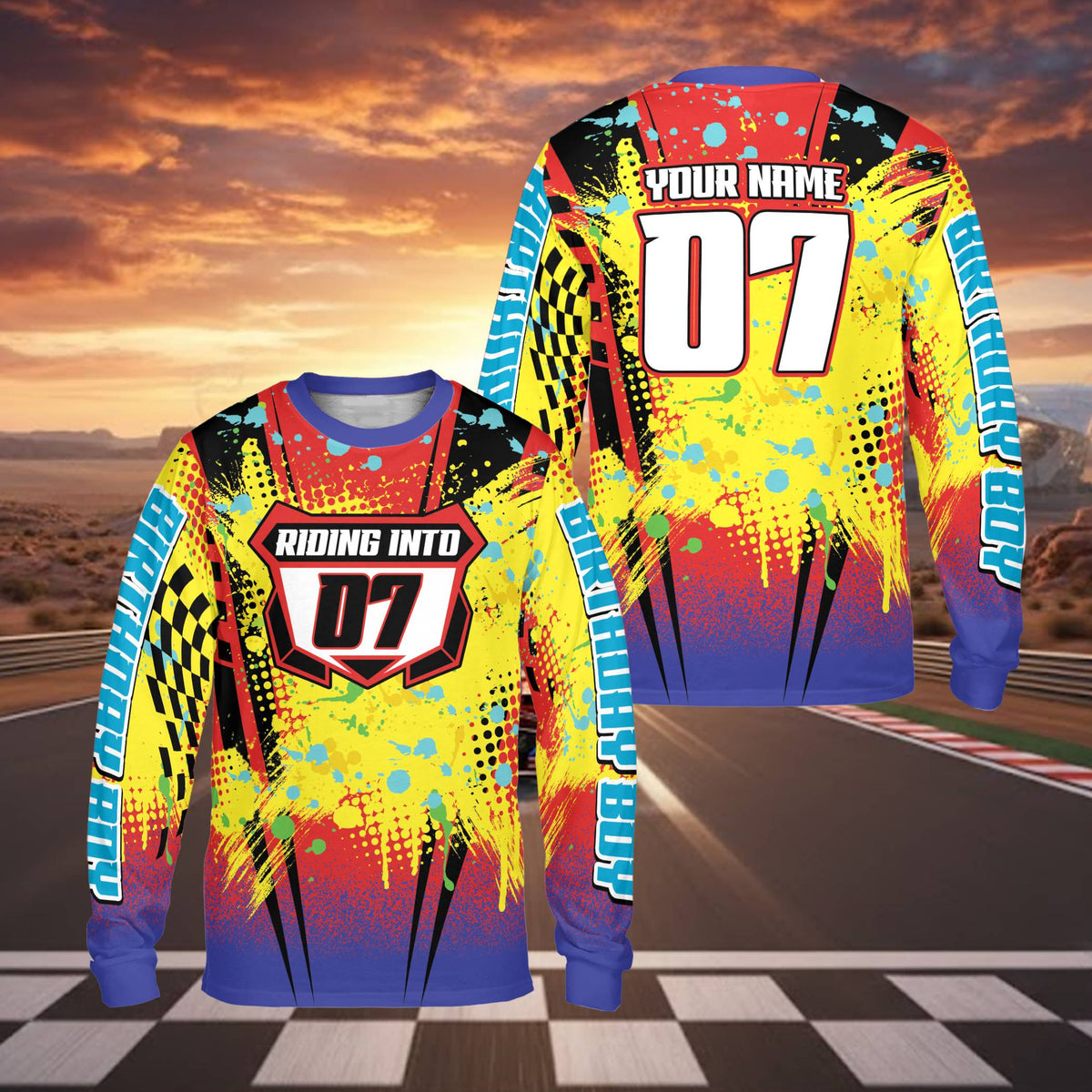 Additional front view of the multicolor racing kids t-shirt