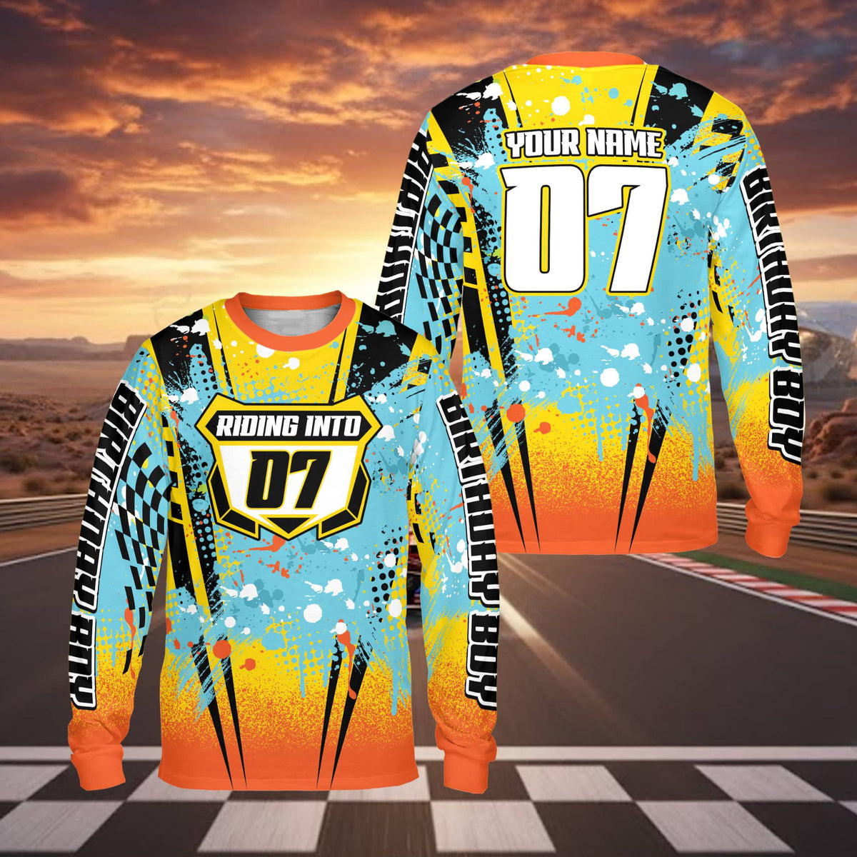 Another front view of the colorful long-sleeve kids t-shirt