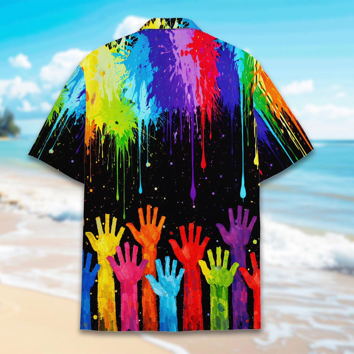 Detail back view of the black and multicolor abstract hawaiian shirt