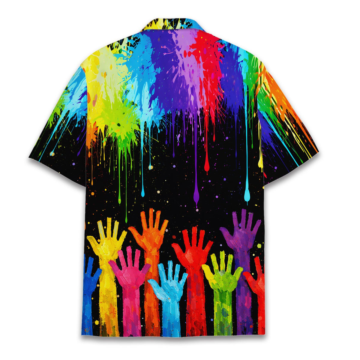 Back view of the abstract art hawaiian shirt showing colorful reaching hands