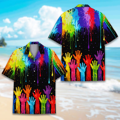 Black abstract art hawaiian shirt with multicolor paint drips, front detailed view