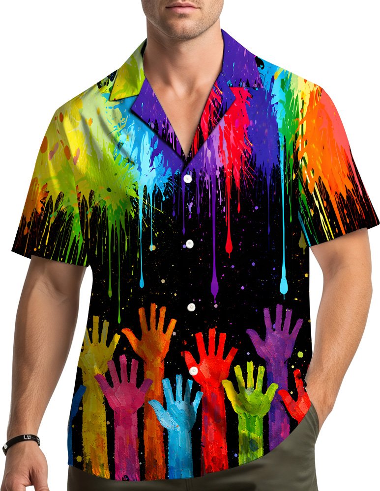 Lifestyle view of coordinated matching family hawaiian shirts featuring vibrant abstract art