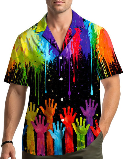 Lifestyle view of coordinated matching family hawaiian shirts featuring vibrant abstract art