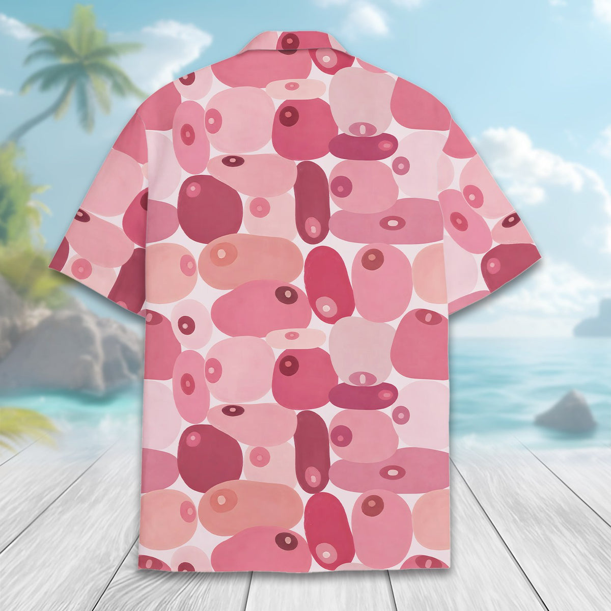 Detailed back view of the all-over hawaiian shirt