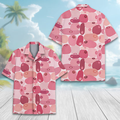 Detailed front view of the pink abstract organic print shirt