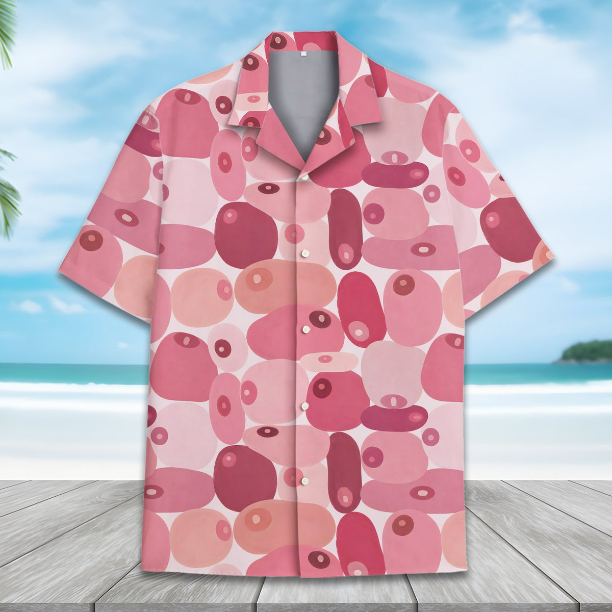 Close-up front view of the pink and red hawaiian shirt