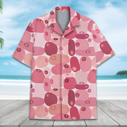 Close-up front view of the pink and red hawaiian shirt