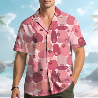 Outdoor lifestyle view showcasing the pink abstract shirt