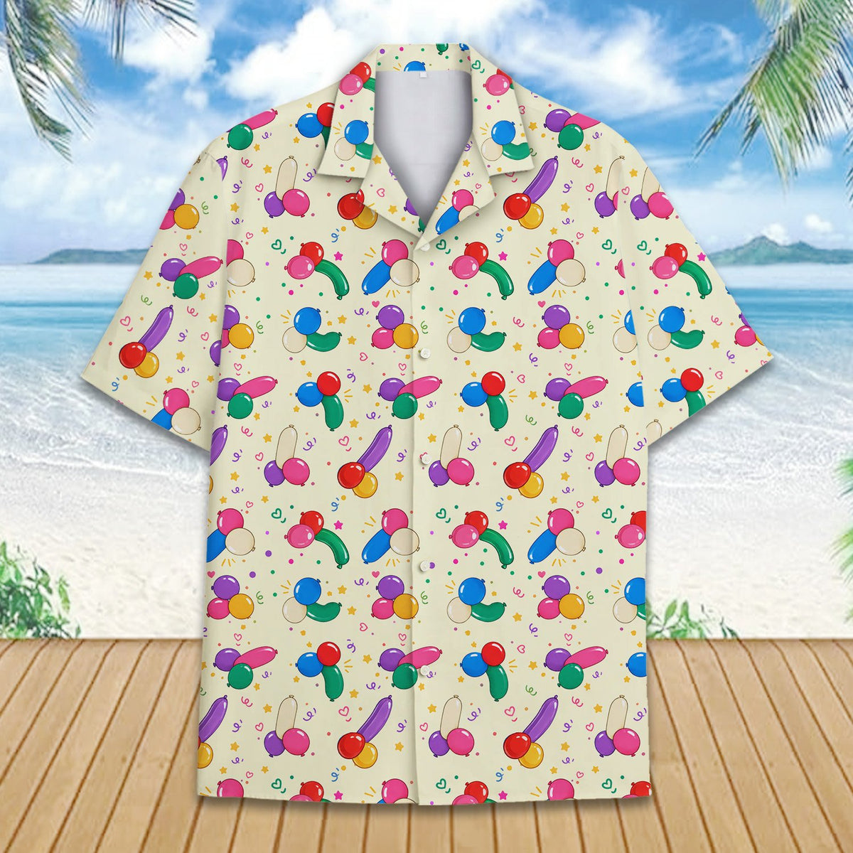 Close up front view of the yellow balloon pattern hawaiian shirt