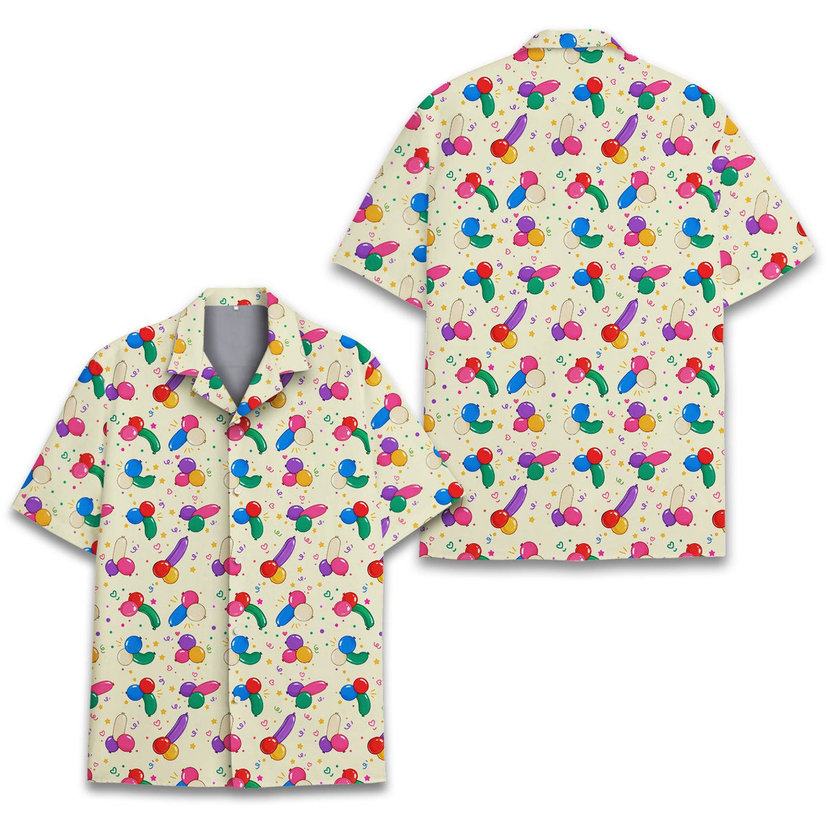 Front view of the yellow hawaiian shirt with balloon design