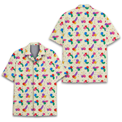 Light yellow adult hawaiian shirt with suggestive adult humor balloon pattern, main view