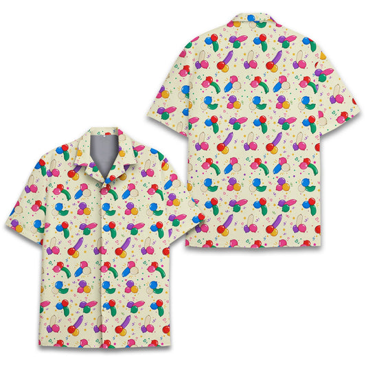 Light yellow adult hawaiian shirt with suggestive adult humor balloon pattern, main view