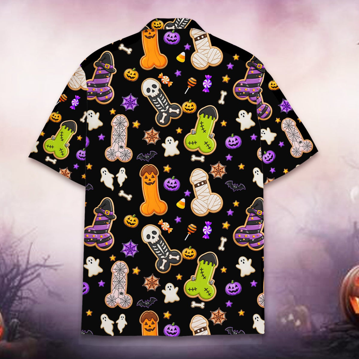 Alternate back view of adult humor Halloween Hawaiian shirt