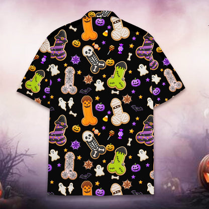 Alternate back view of adult humor Halloween Hawaiian shirt