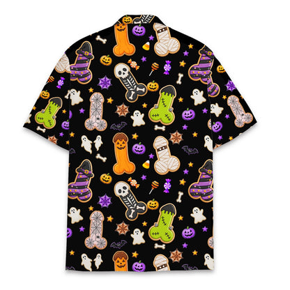 Back view of adult humor Halloween Hawaiian shirt