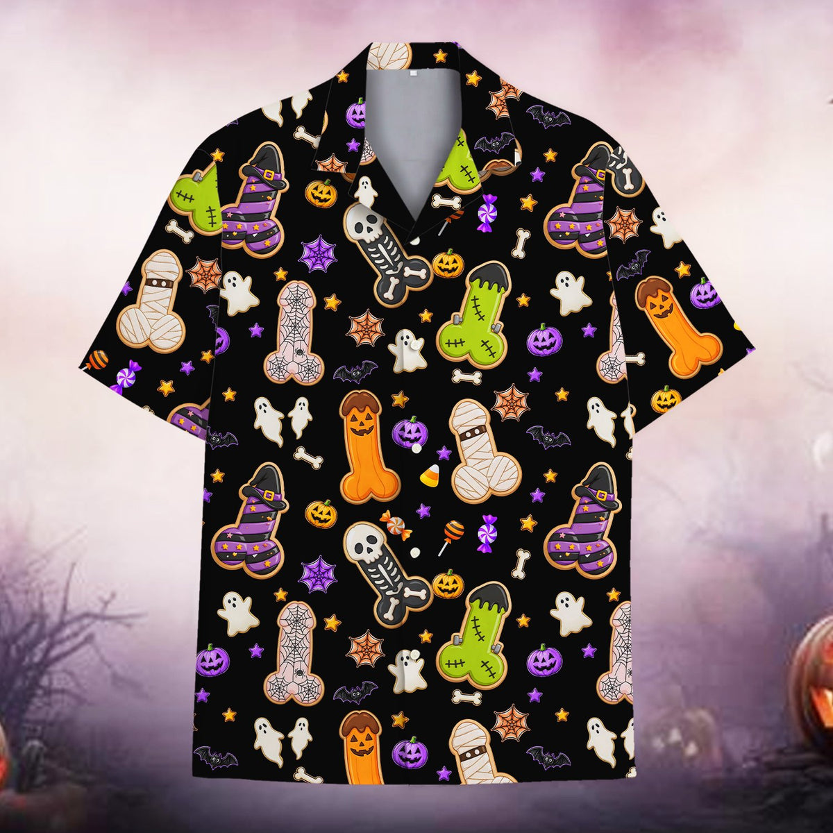 Front view of adult humor Halloween Hawaiian shirt