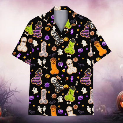 Front view of adult humor Halloween Hawaiian shirt
