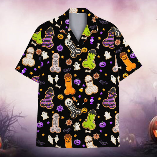 Adult humor Halloween Hawaiian shirt with monster penis cookies, main view