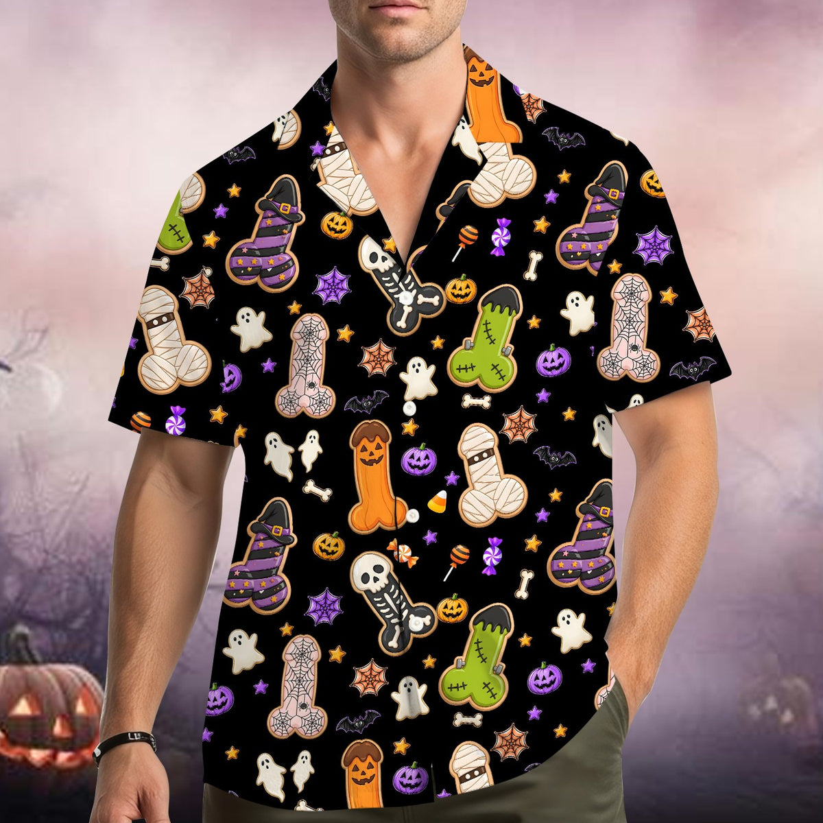 Another lifestyle view of the black adult Hawaiian shirt