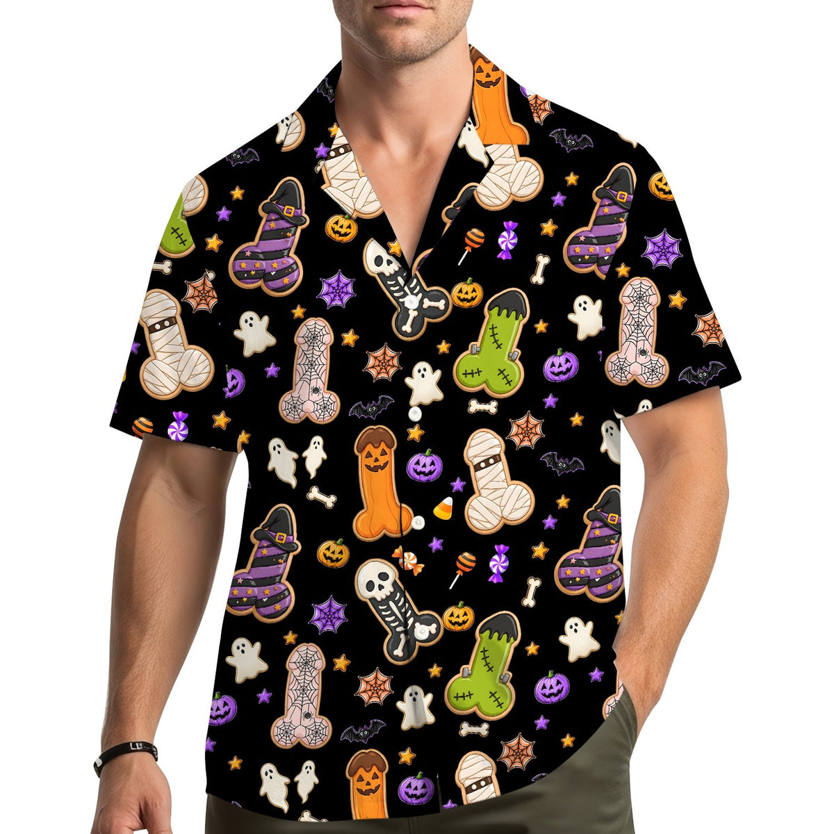 Lifestyle view of someone wearing the adult humor Halloween Hawaiian shirt