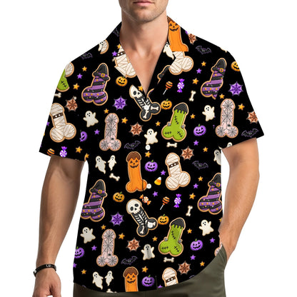 Lifestyle view of someone wearing the adult humor Halloween Hawaiian shirt