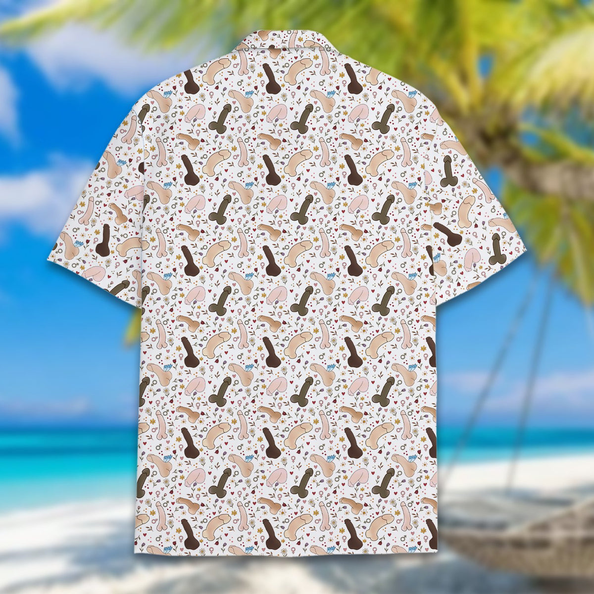 White adult hawaiian shirt with adult humor print, second back view