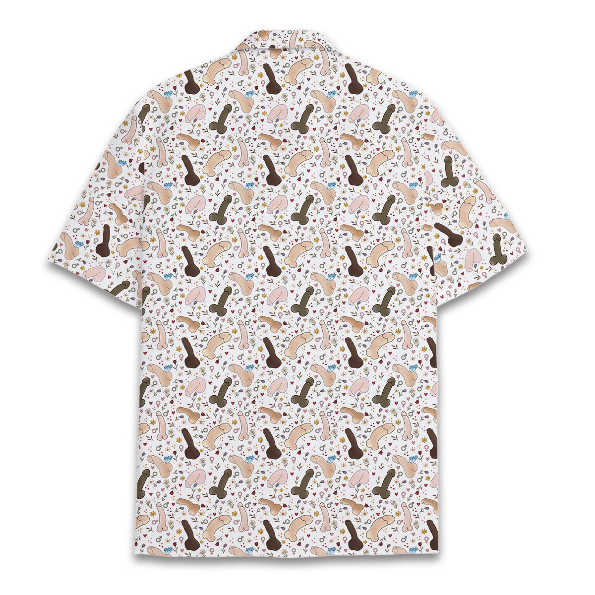 White adult hawaiian shirt with adult humor print, back view