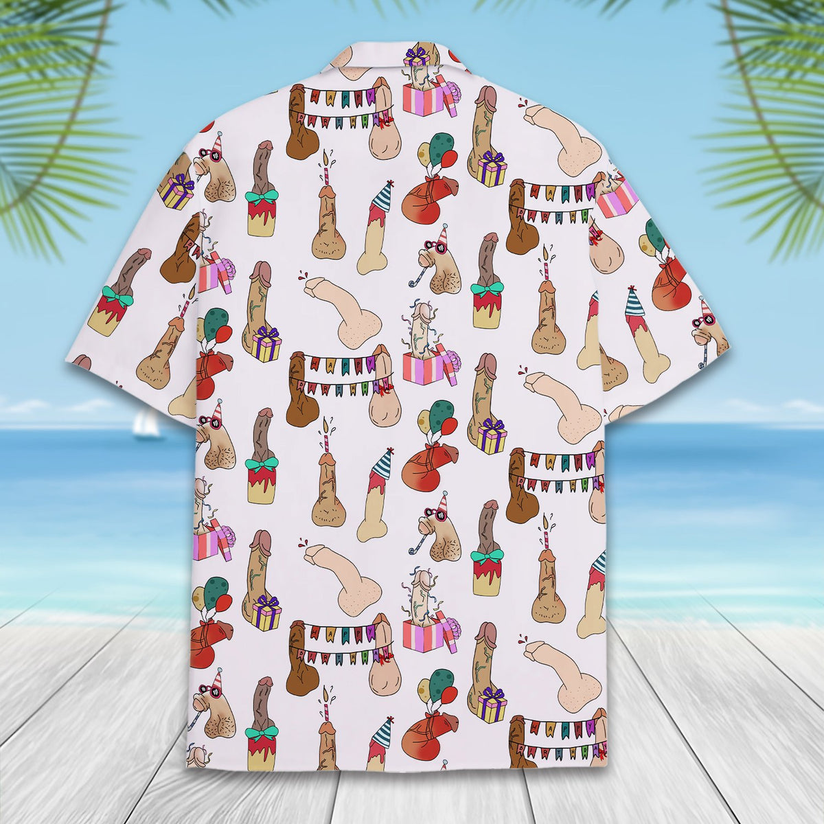 Detailed back view of the party hawaiian shirt