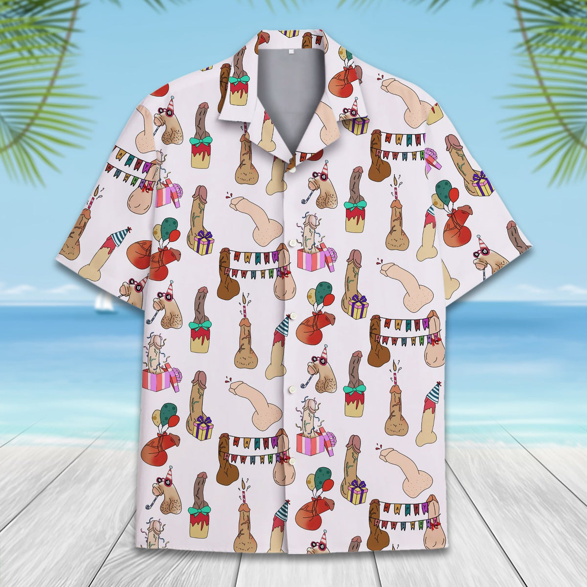 Front view of the adult party birthday hawaiian shirt