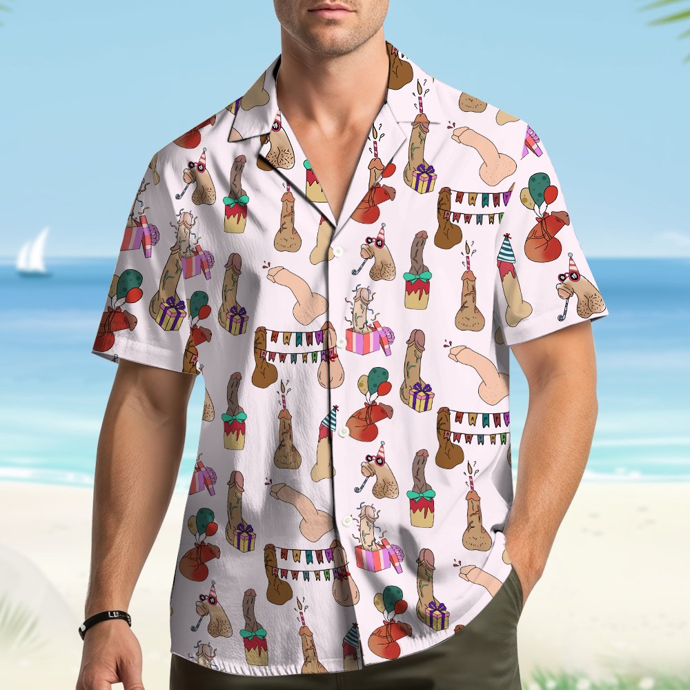 Another lifestyle image showing the humorous adult hawaiian shirt