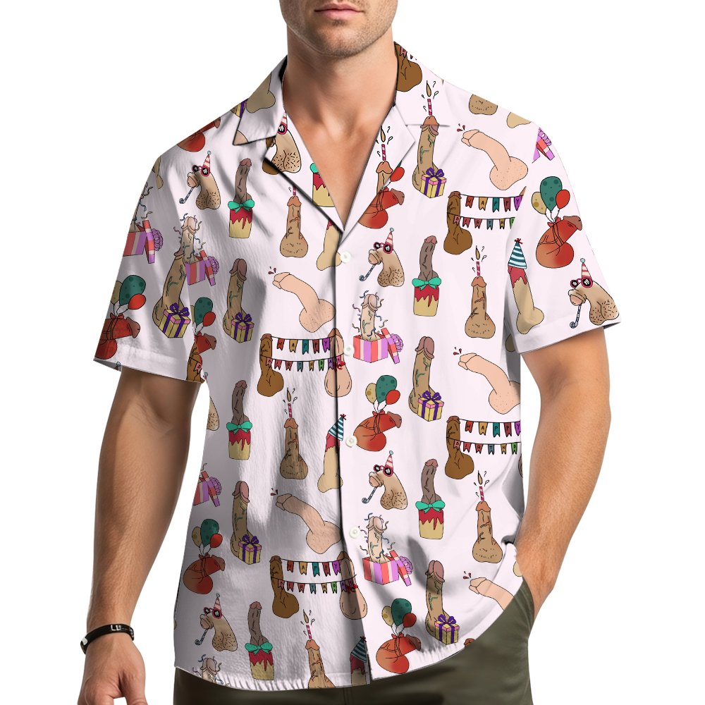 Lifestyle image of someone wearing the adult party birthday hawaiian shirt