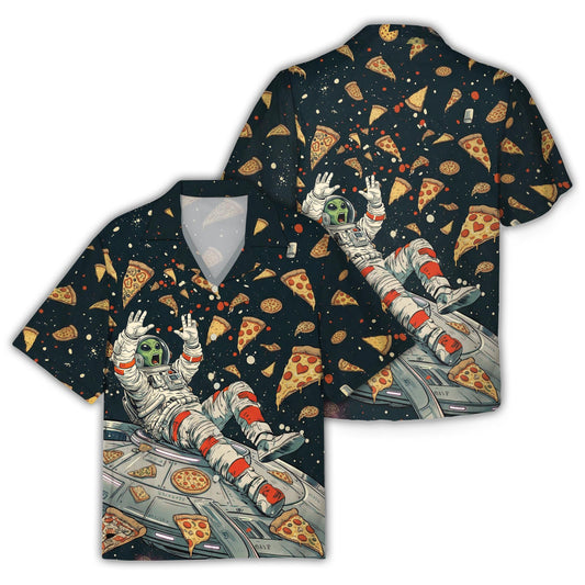 Front view of the alien and pizza hawaiian shirt