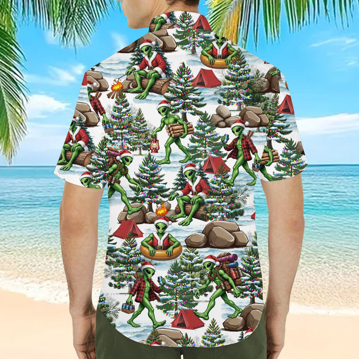 White alien hawaiian shirt with christmas camping design, alternative multicolor back view