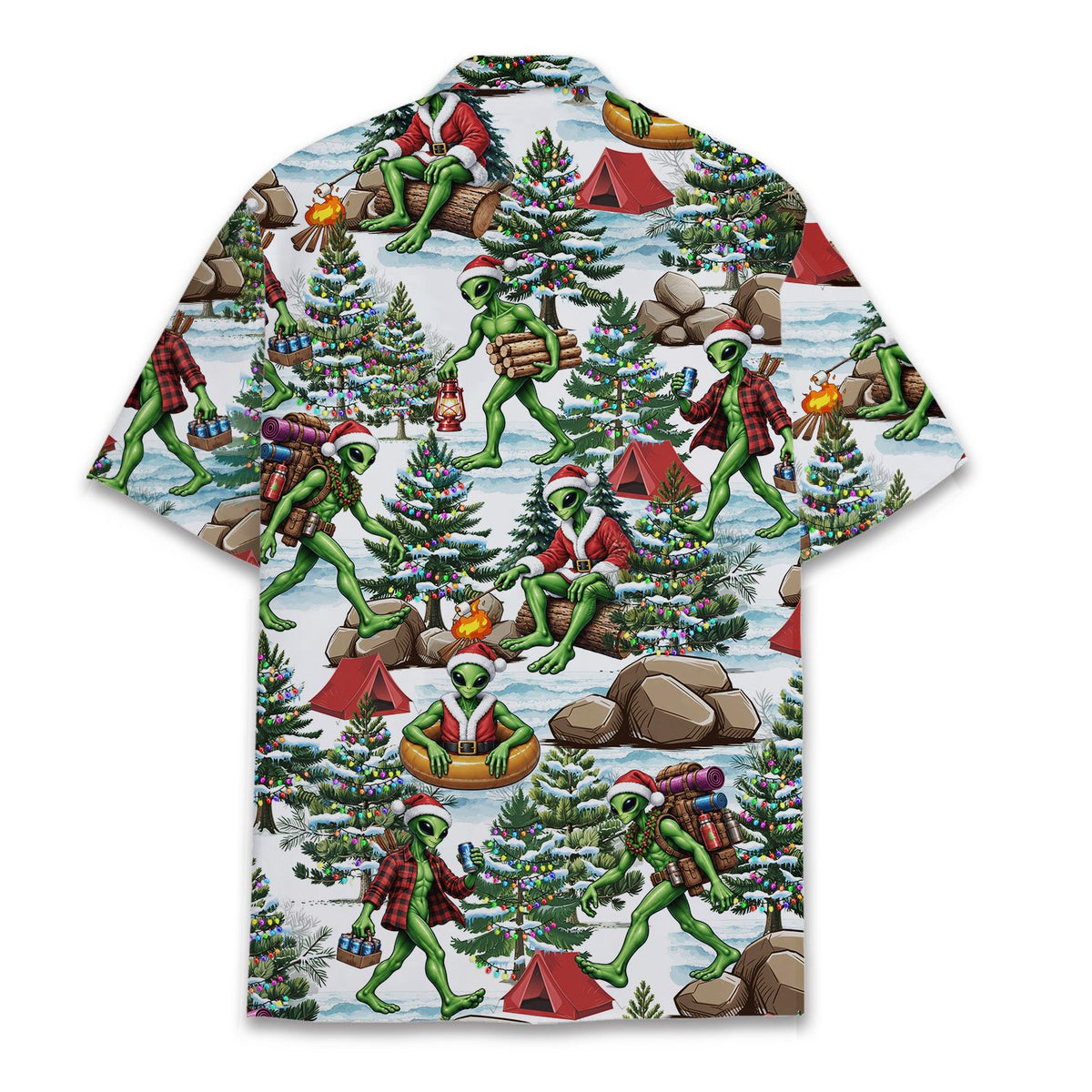White alien hawaiian shirt with christmas camping design, multicolor back view