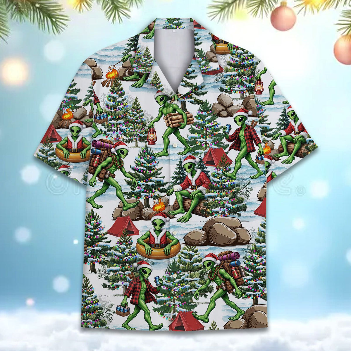 White alien hawaiian shirt with christmas camping design, multicolor front view