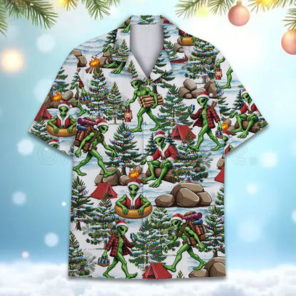 White alien hawaiian shirt with christmas camping design, multicolor front view