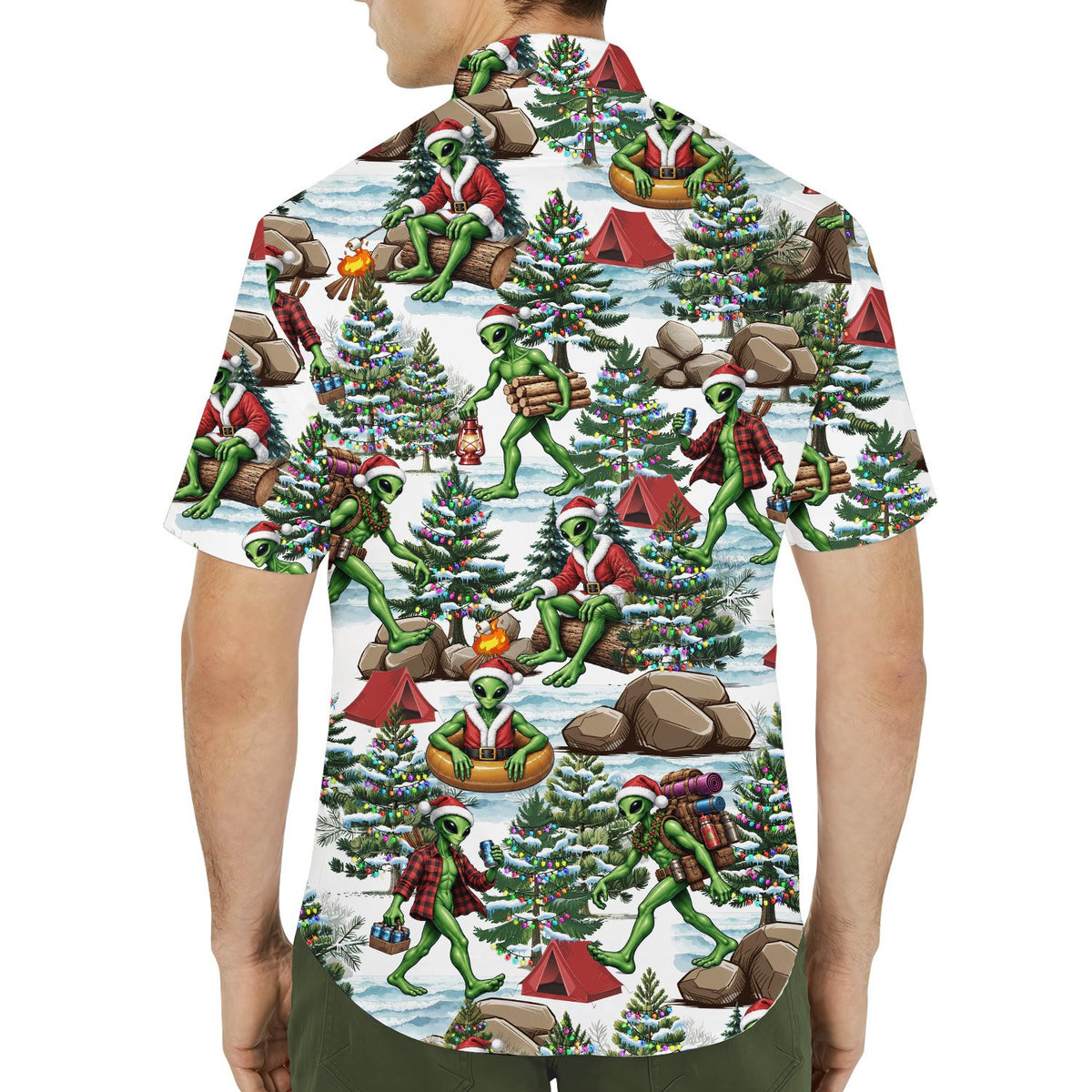White alien hawaiian shirt with christmas camping design, white back view