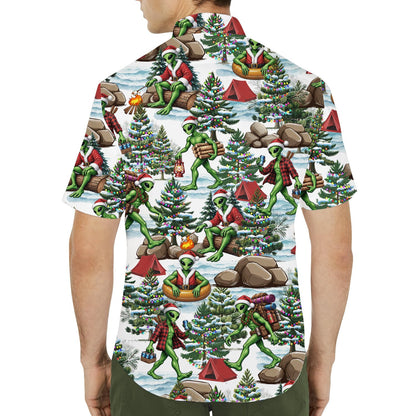 White alien hawaiian shirt with christmas camping design, white back view