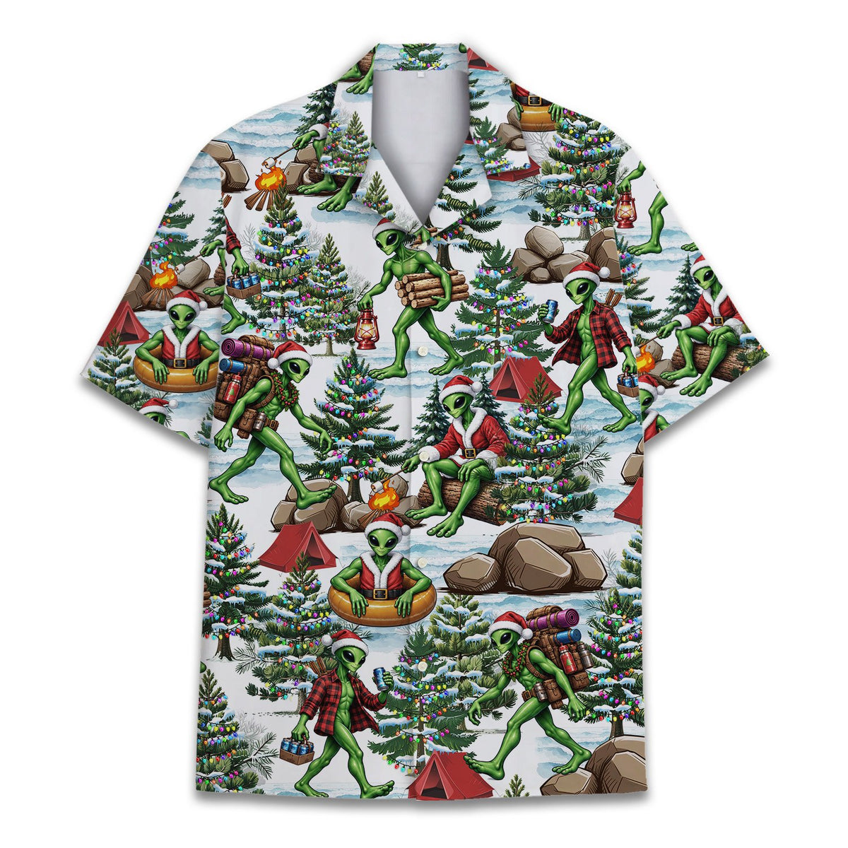 White alien hawaiian shirt with christmas camping design, additional main view