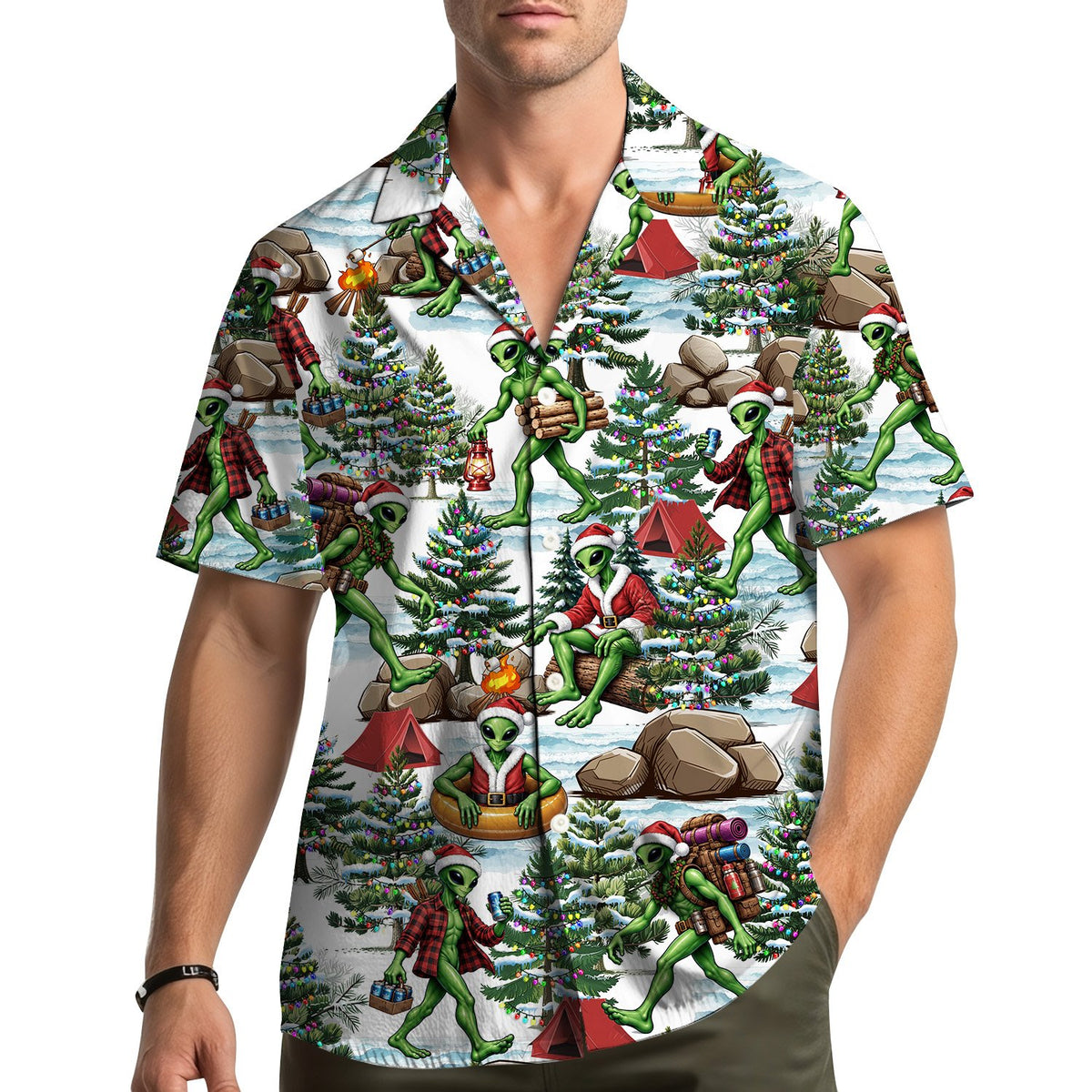 Person wearing the white alien hawaiian shirt in a lifestyle setting
